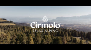 frame del docufilm Zirmol spirito delle Alpi, contiene la scritta Cirmolo relax alpino e un'immagine della foresta